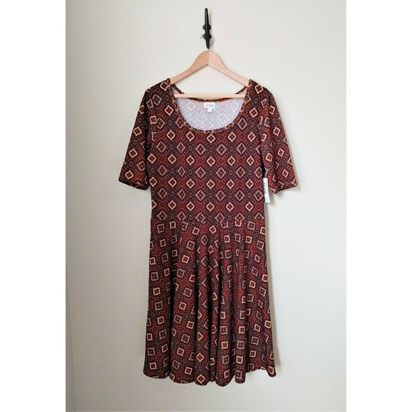 NWT 3XL Lularoe Nicole Dress- Fall Color Geometric Print Fit & Flare Stretch - Picture 2 of 7